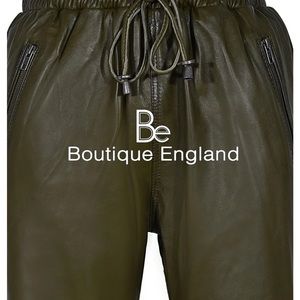Mens New Olive Green Leather Joggers